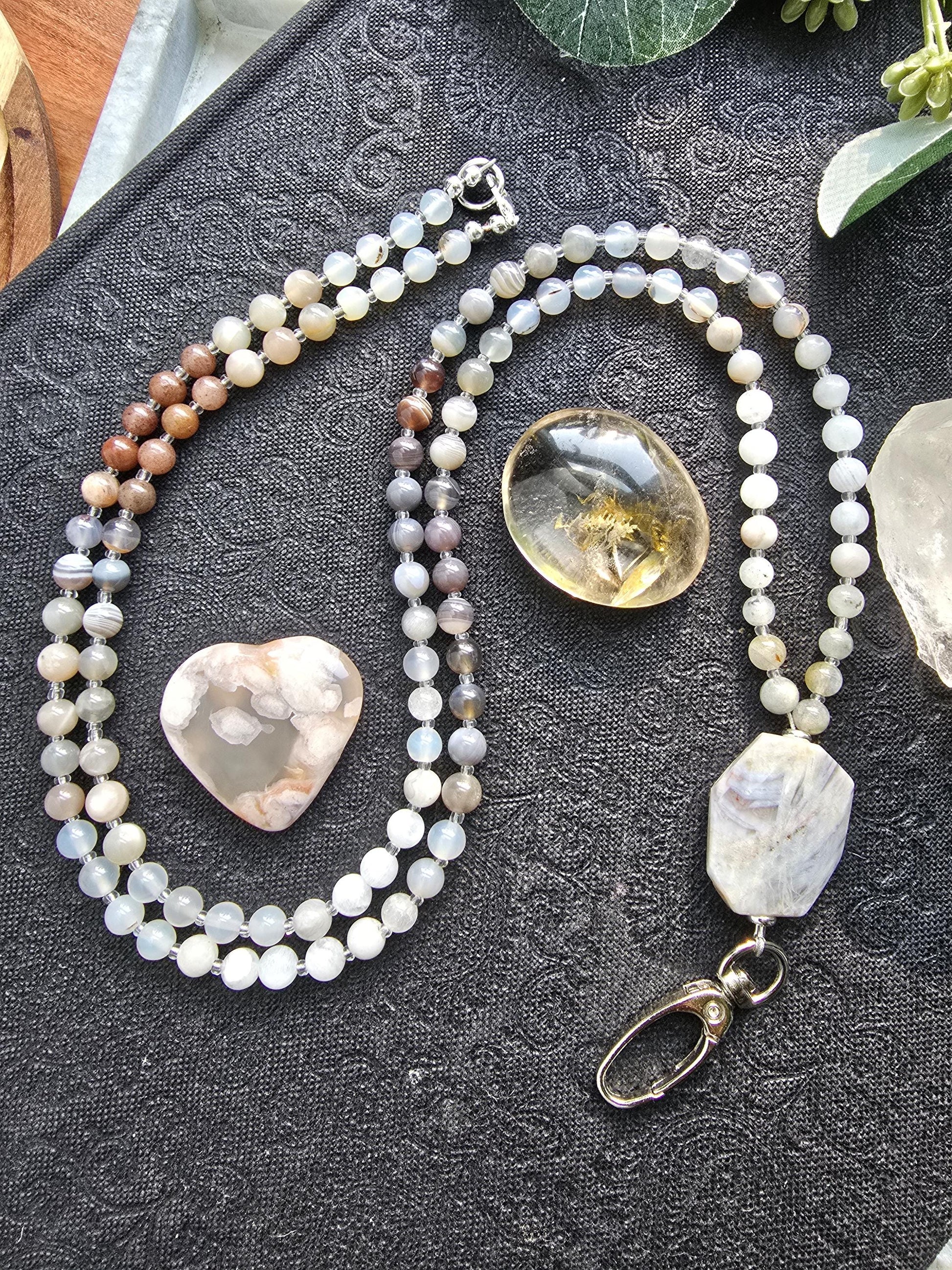 Beaded Lanyard with Botswana Agate, Labradorite, Grey Agate | Natural Gemstone Lanyard | Personalized