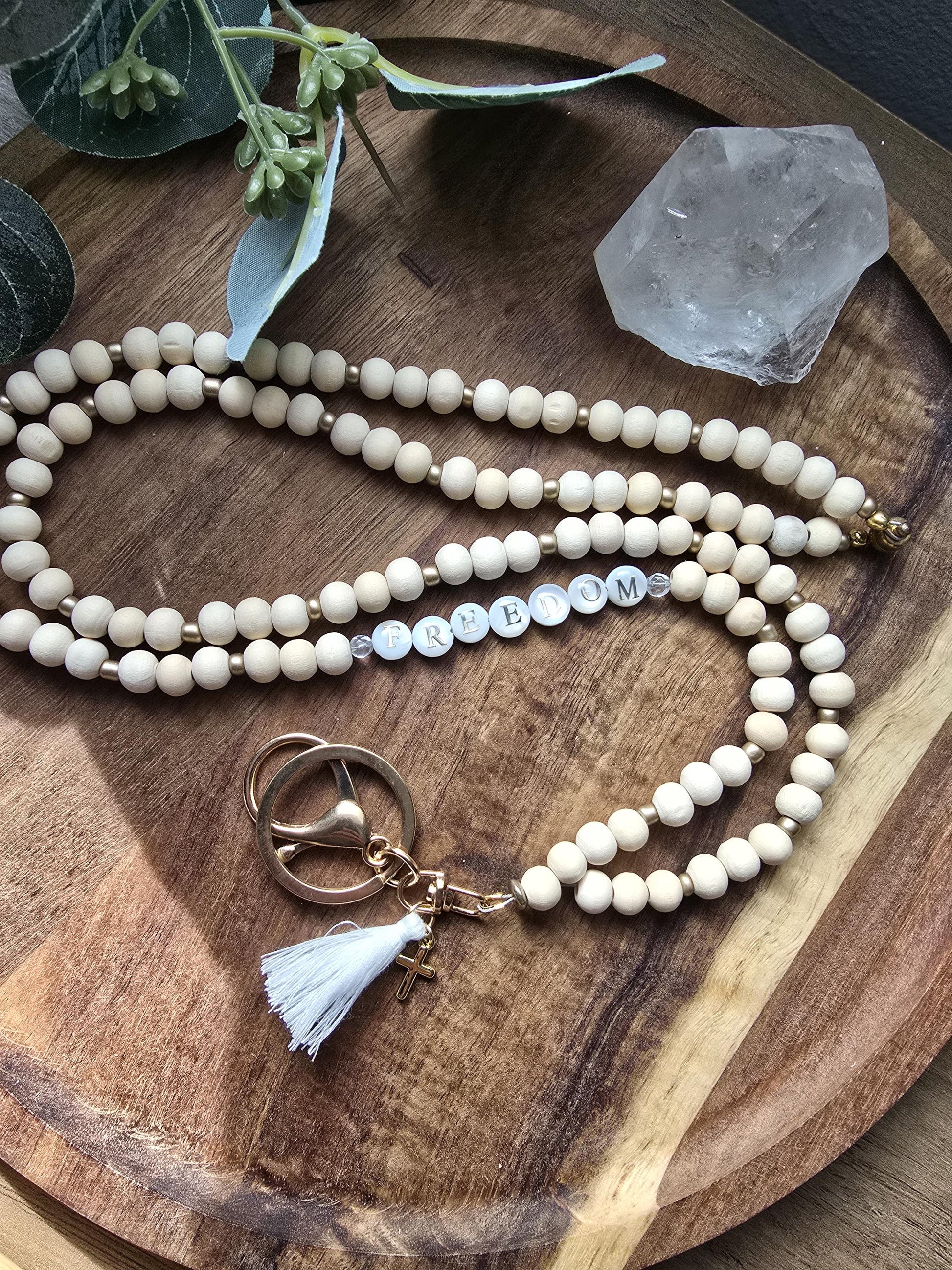 Charlie Kirk Freedom Lanyard | Patriotic Wood Bead Lanyard | Neutral and Subtle Support Jewelry | Cross Charm | Handmade