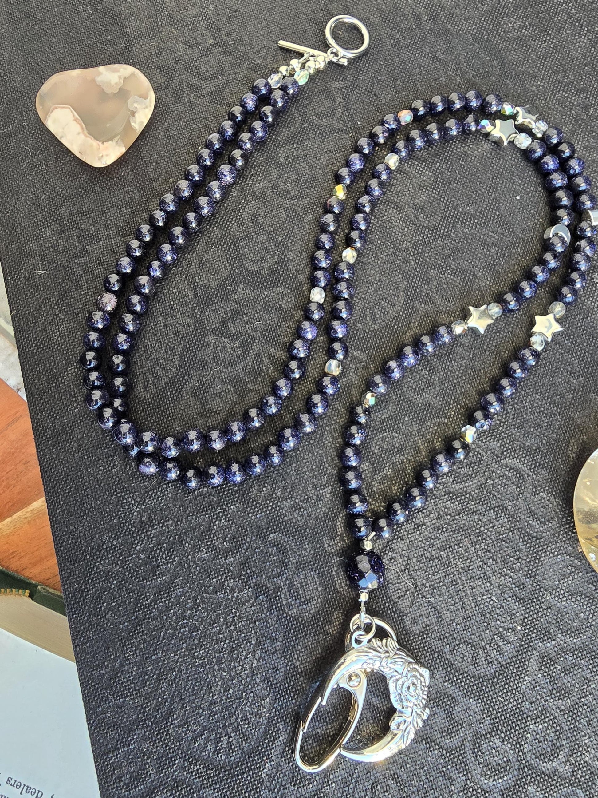 Witchy Gemstone Beaded Lanyard with Blue Goldstone and moons & stars charm | Bookish Fantasy Gift | Witchy gift | Personalized Handmade