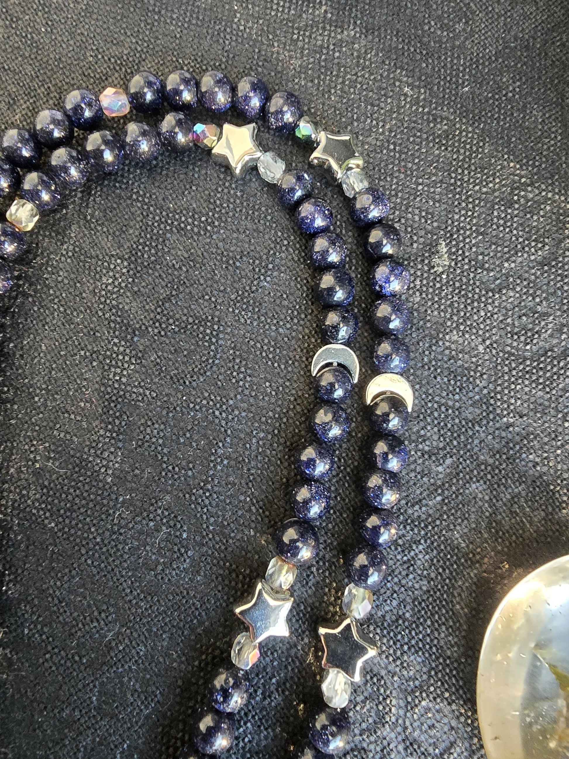 Witchy Gemstone Beaded Lanyard with Blue Goldstone and moons & stars charm | Bookish Fantasy Gift | Witchy gift | Personalized Handmade