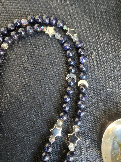 Witchy Gemstone Beaded Lanyard with Blue Goldstone and moons & stars charm | Bookish Fantasy Gift | Witchy gift | Personalized Handmade