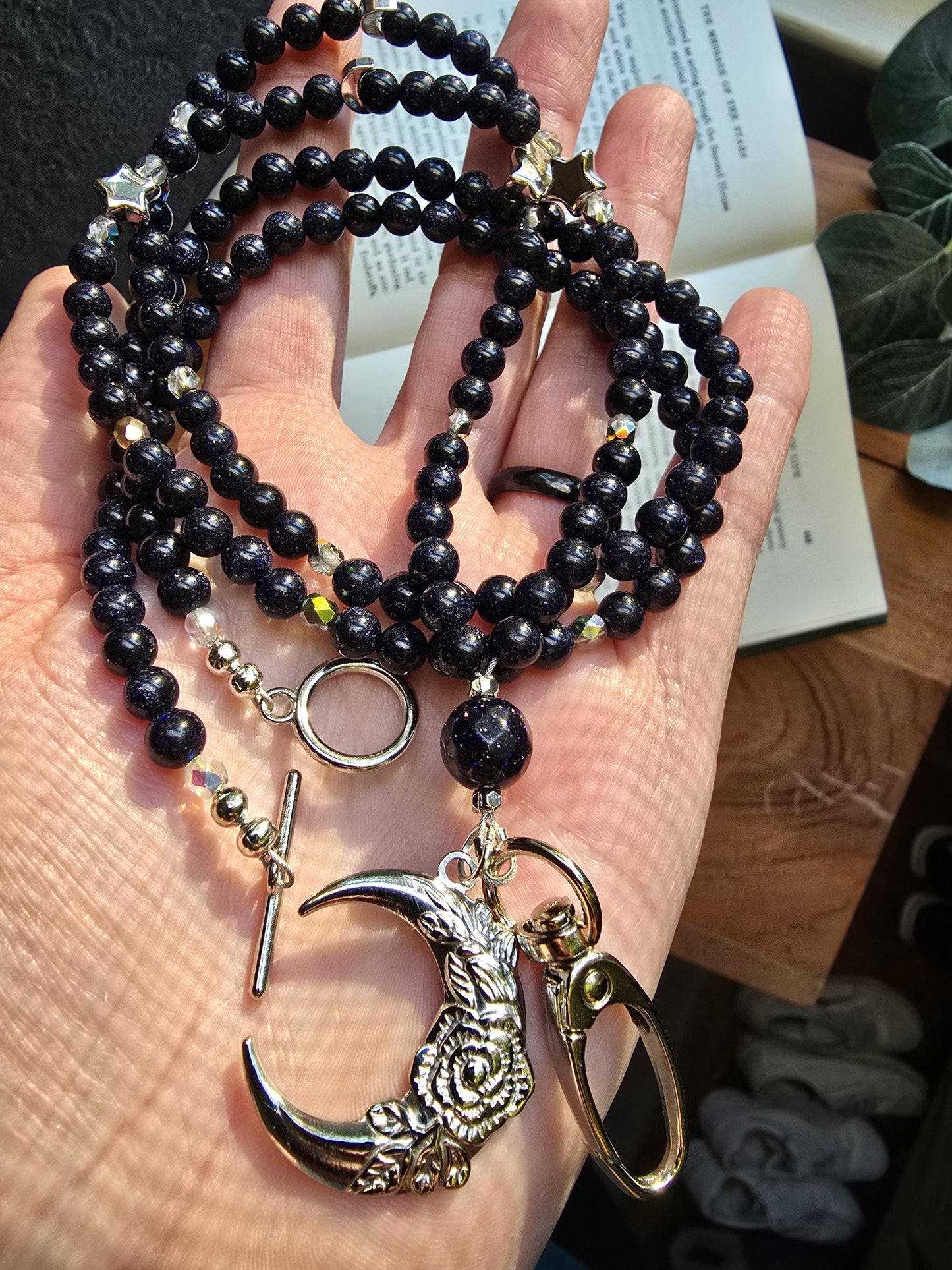 Witchy Gemstone Beaded Lanyard with Blue Goldstone and moons & stars charm | Bookish Fantasy Gift | Witchy gift | Personalized Handmade