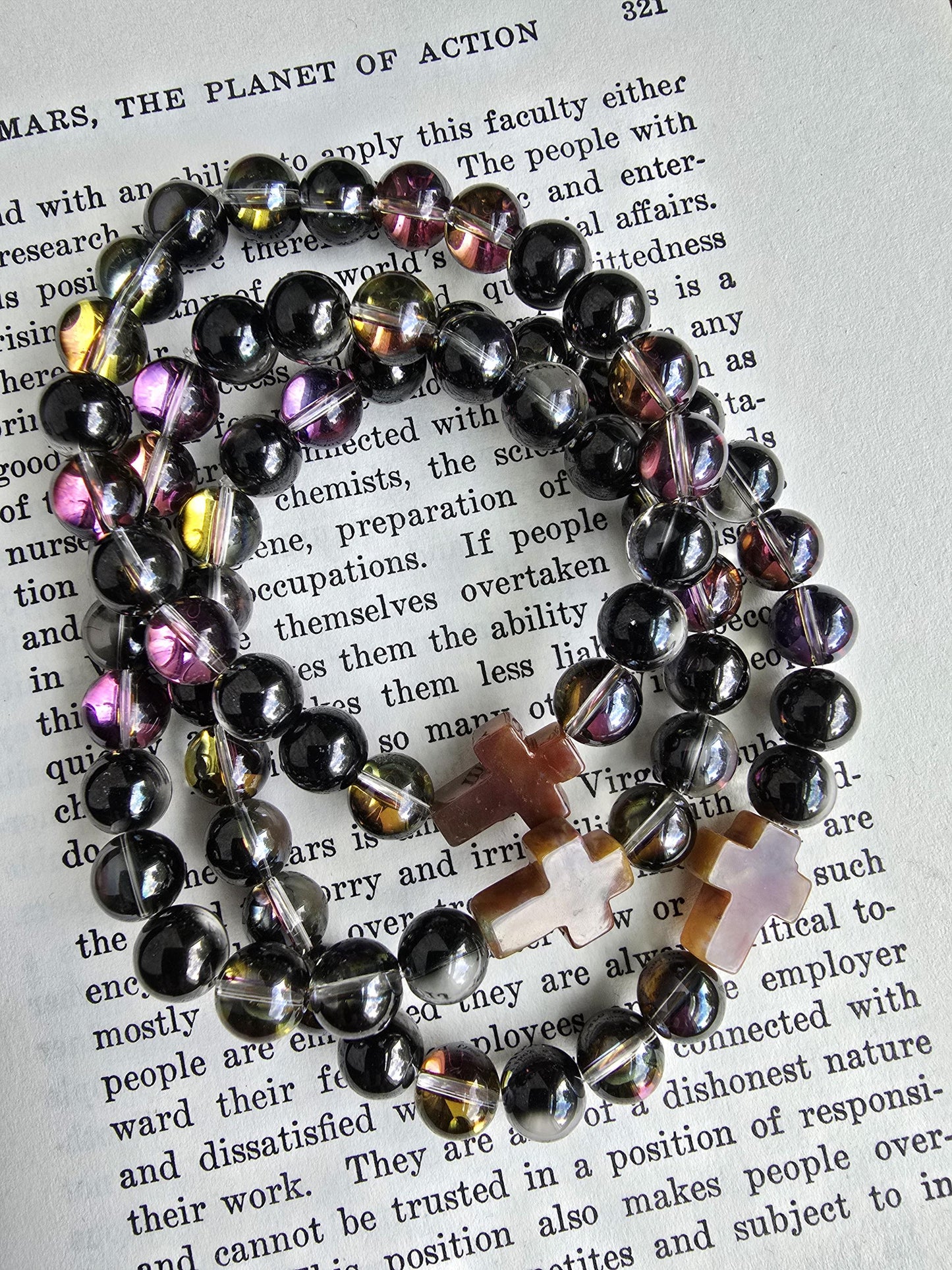 Prayer Bracelet | Smokey Mystic Aura Quartz Bracelet | Christian Cross Focal Bead | Iridescent Gemstone Bracelet | Handmade