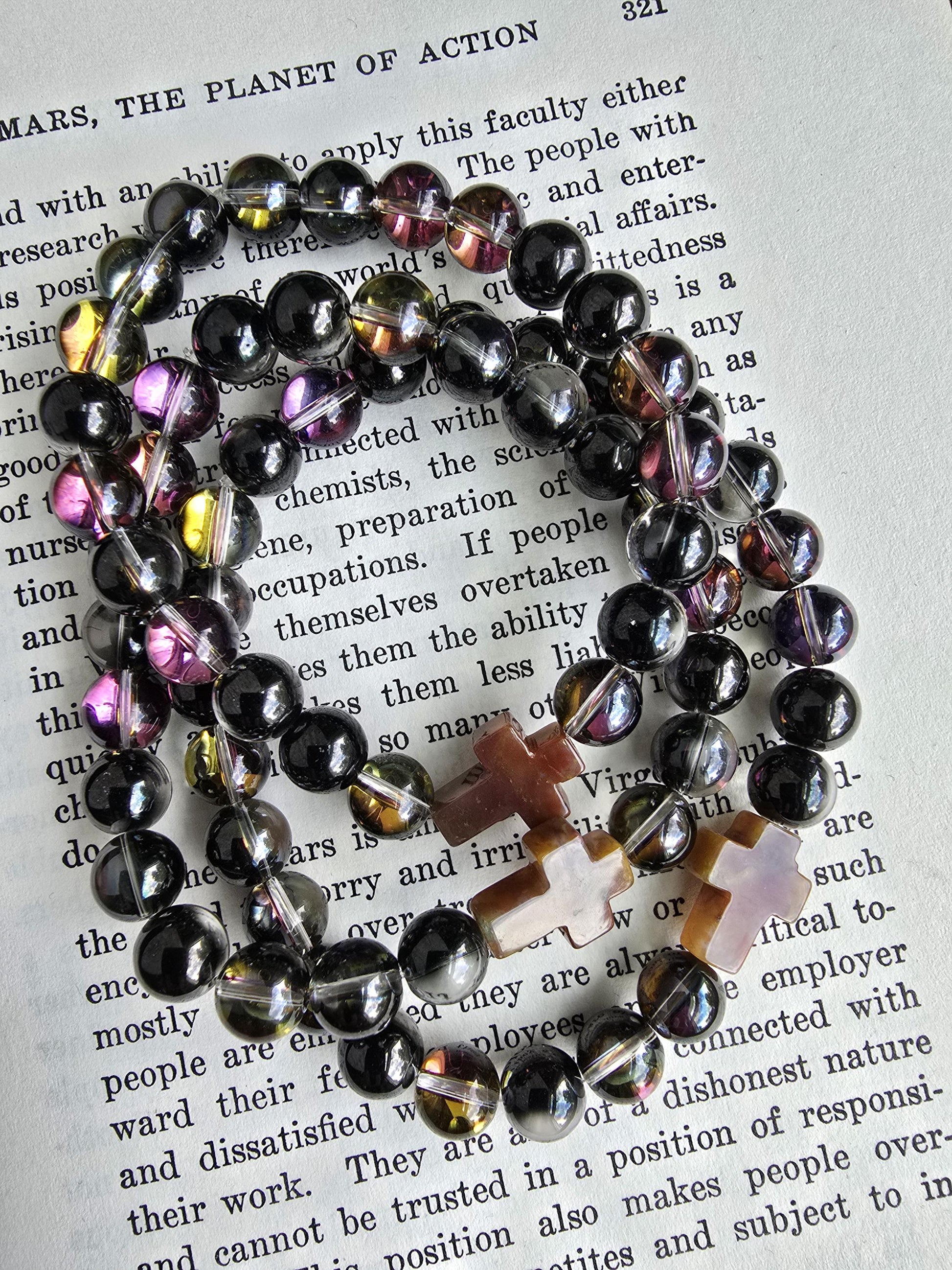 Prayer Bracelet | Smokey Mystic Aura Quartz Bracelet | Christian Cross Focal Bead | Iridescent Gemstone Bracelet | Handmade