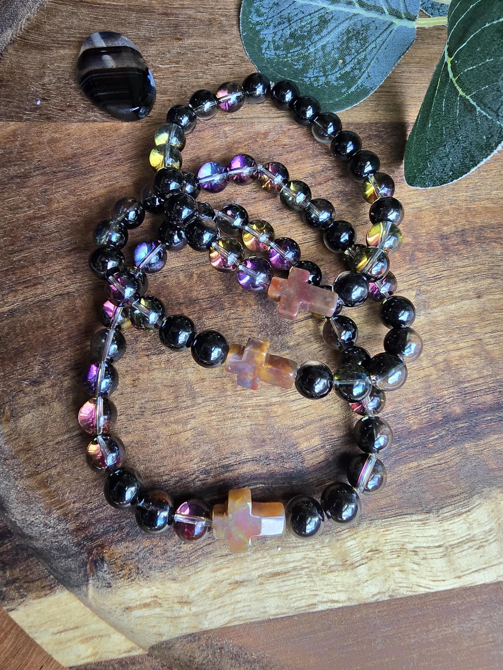 Prayer Bracelet | Smokey Mystic Aura Quartz Bracelet | Christian Cross Focal Bead | Iridescent Gemstone Bracelet | Handmade