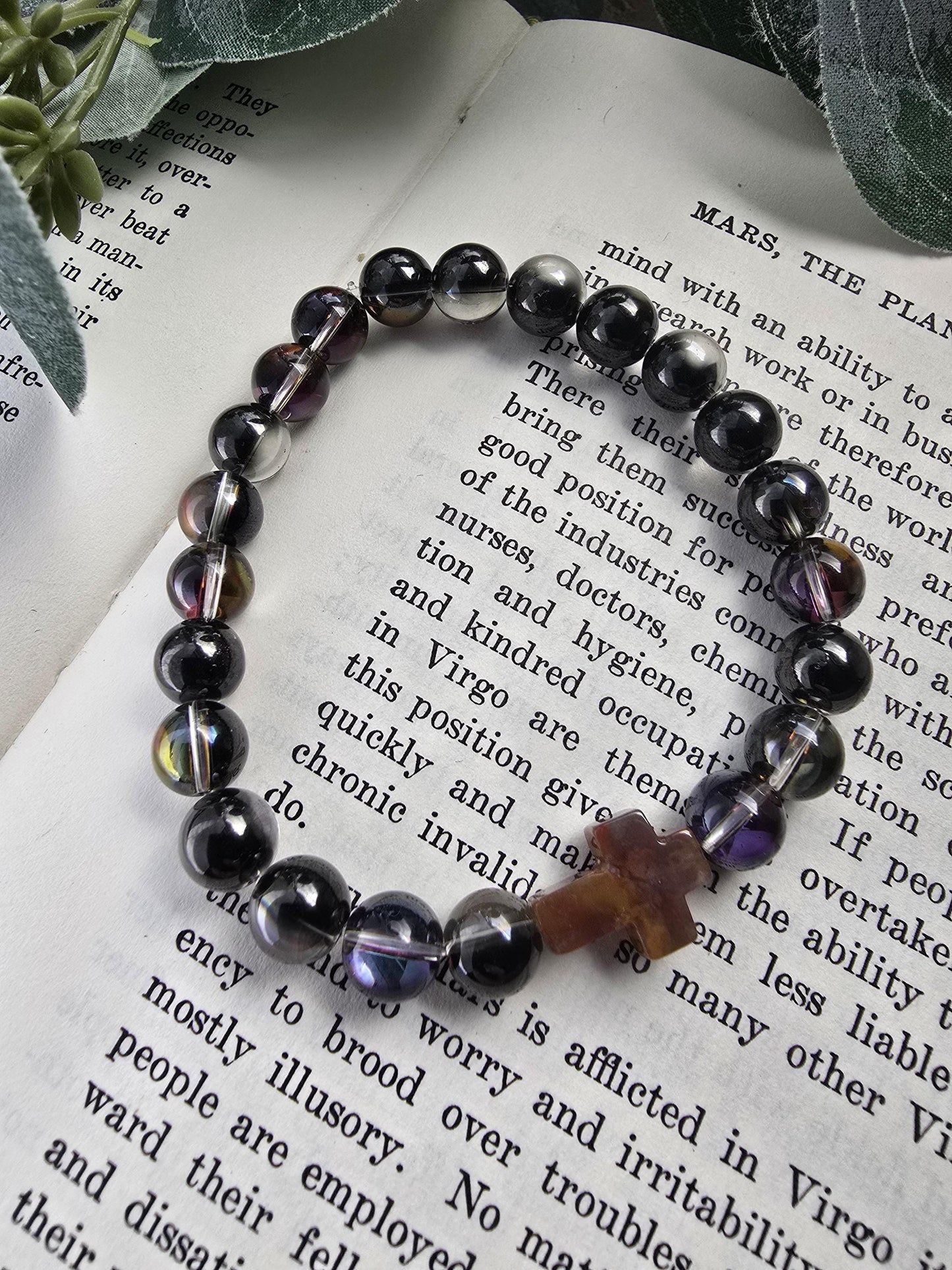 Prayer Bracelet | Smokey Mystic Aura Quartz Bracelet | Christian Cross Focal Bead | Iridescent Gemstone Bracelet | Handmade