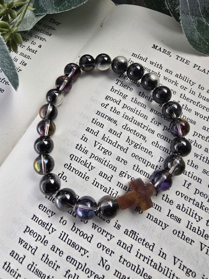 Prayer Bracelet | Smokey Mystic Aura Quartz Bracelet | Christian Cross Focal Bead | Iridescent Gemstone Bracelet | Handmade