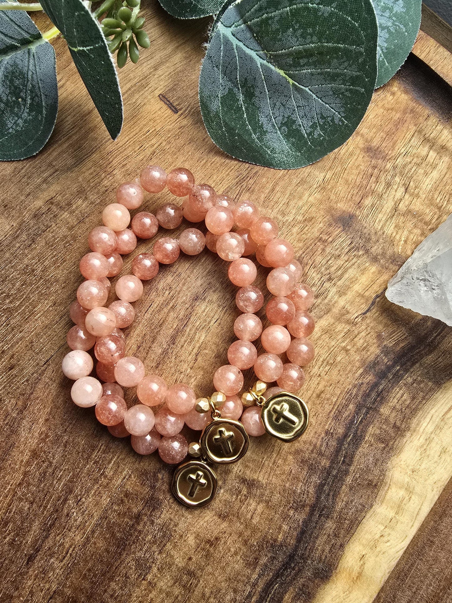 Prayer Bracelet | Sunstone Bracelet | Christian Cross Focal Bead | Stackable Gemstone Bracelet | Gemstone Healing Bracelet | Handmade