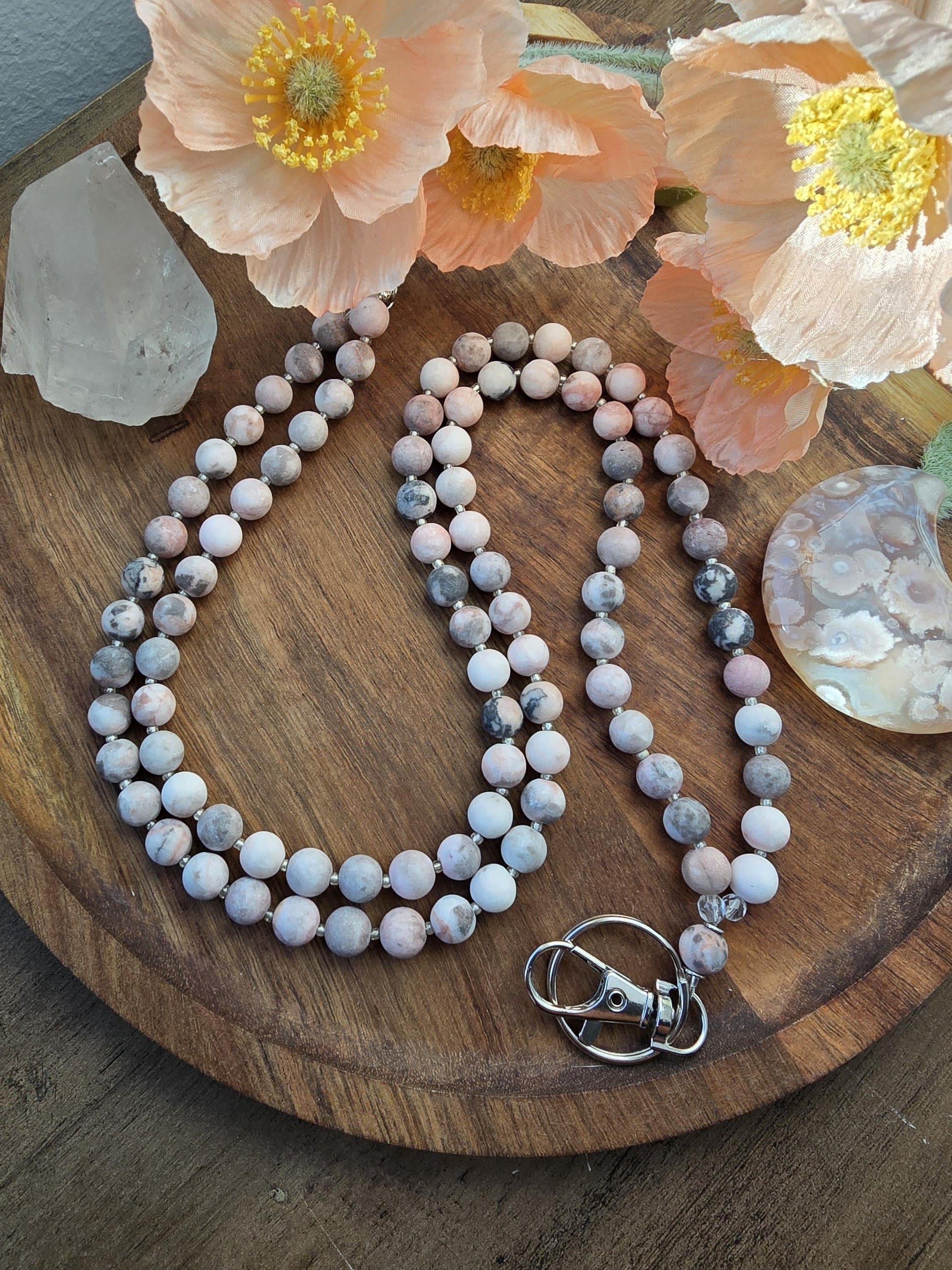 Matte Garden Jasper Lanyard | 8mm Neutral Beaded Lanyard | ID Badge Holder | Handmade