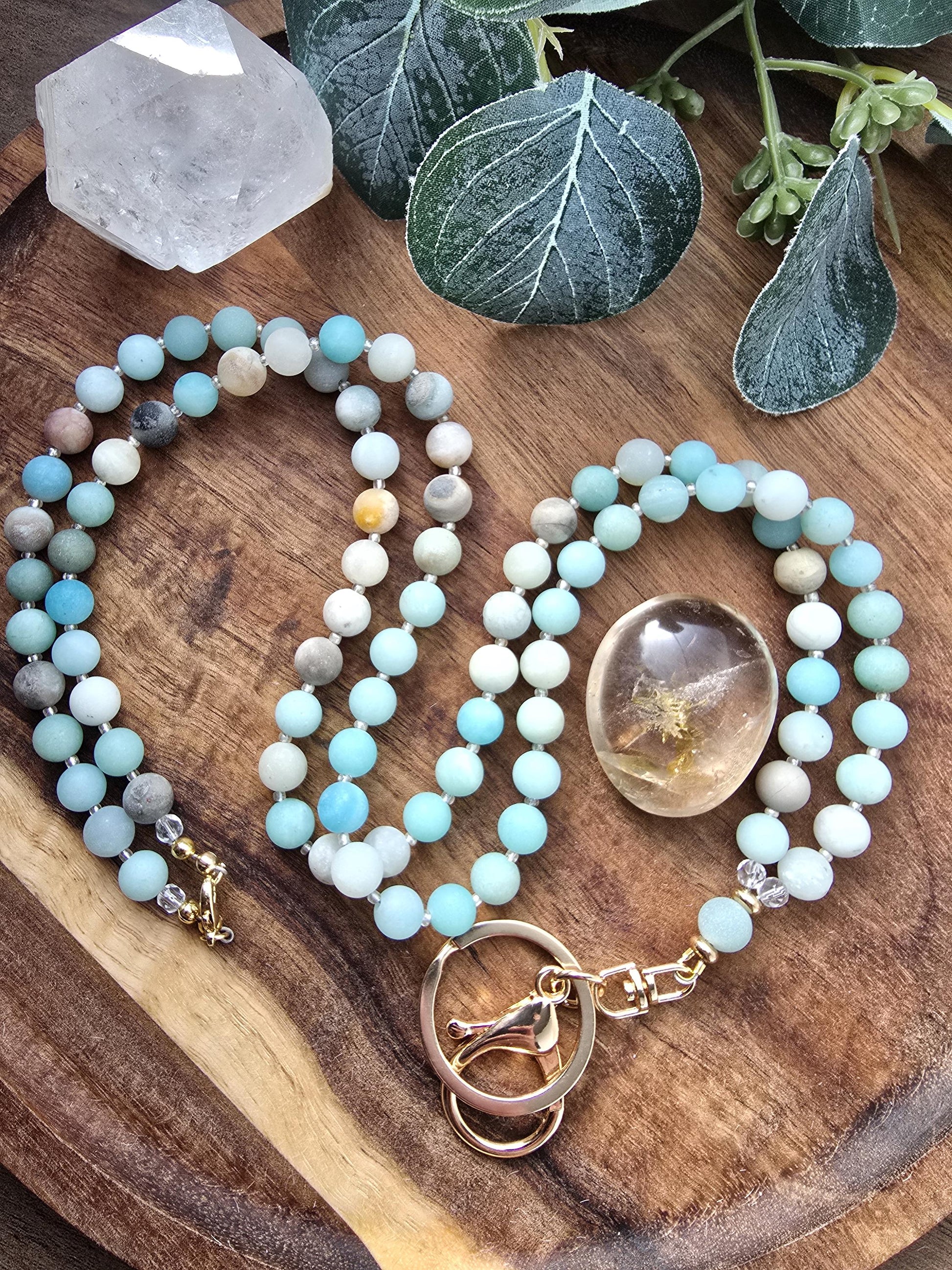 Handmade Matte Amazonite Lanyard | 8mm Neutral Beaded Lanyard | ID Badge Holder | Calming Oceans Lanyard