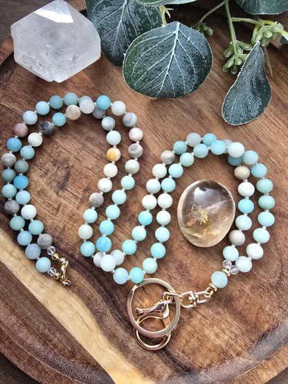 Handmade Matte Amazonite Lanyard | 8mm Neutral Beaded Lanyard | ID Badge Holder | Calming Oceans Lanyard