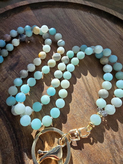 Handmade Matte Amazonite Lanyard | 8mm Neutral Beaded Lanyard | ID Badge Holder | Calming Oceans Lanyard