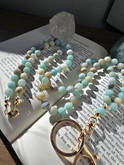 Handmade Matte Amazonite Lanyard | 8mm Neutral Beaded Lanyard | ID Badge Holder | Calming Oceans Lanyard