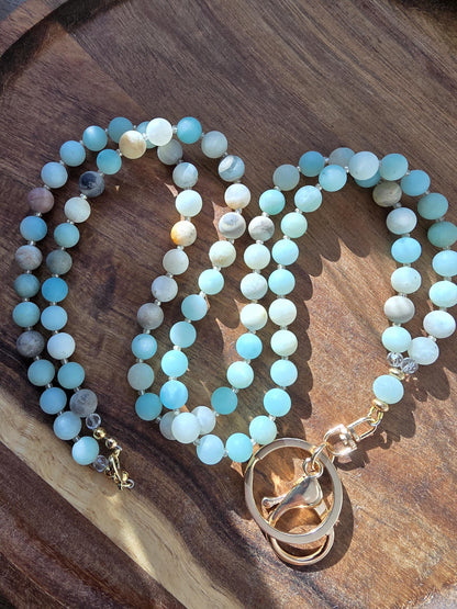 Handmade Matte Amazonite Lanyard | 8mm Neutral Beaded Lanyard | ID Badge Holder | Calming Oceans Lanyard