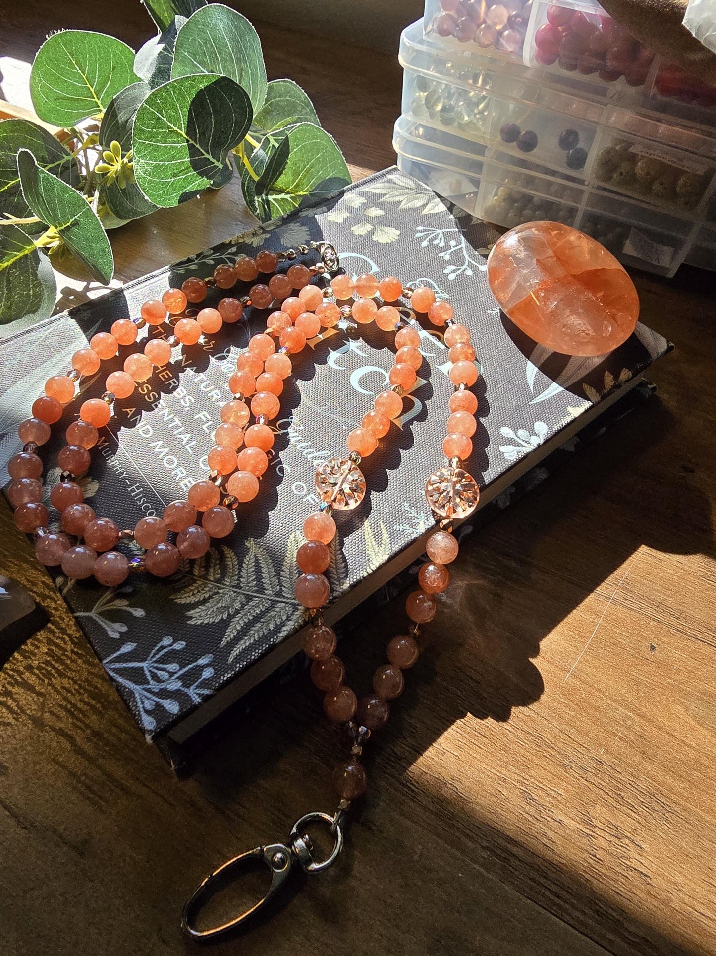 Sunstone Lanyard | Beaded Gemstone Lanyard | ID Badge Holder | Personalized | Handmade