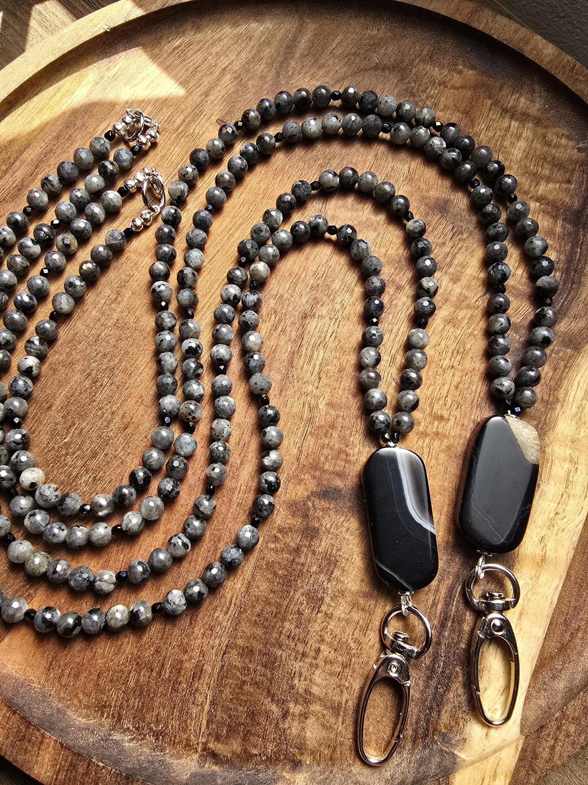 Banded Agate Lanyard | Larvikite Beaded ID Holder | Unique Gemstone Lanyard | Optional Magnetic Breakaway Clasp | Personalized | Handmade