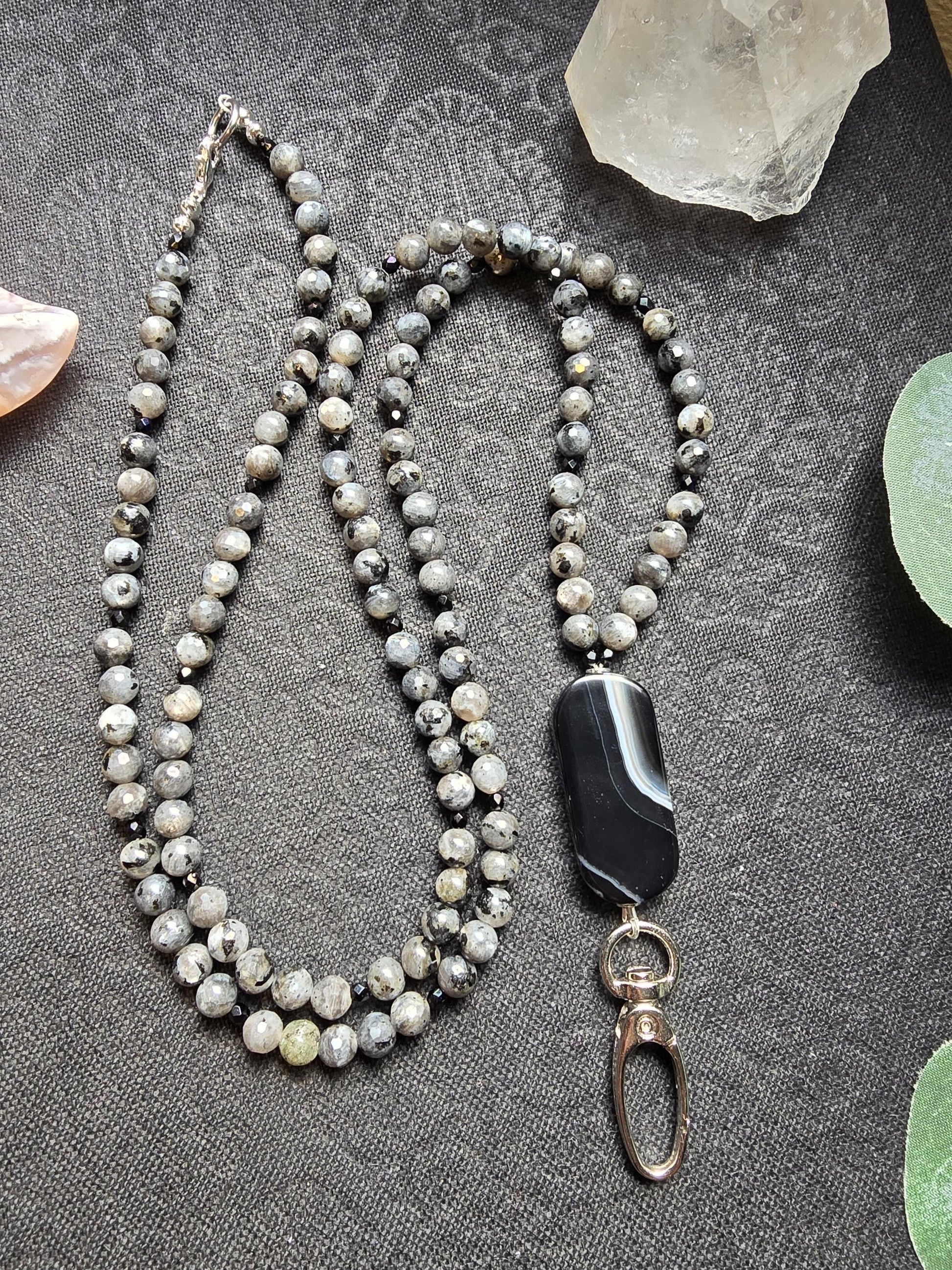 Banded Agate Lanyard | Larvikite Beaded ID Holder | Unique Gemstone Lanyard | Optional Magnetic Breakaway Clasp | Personalized | Handmade