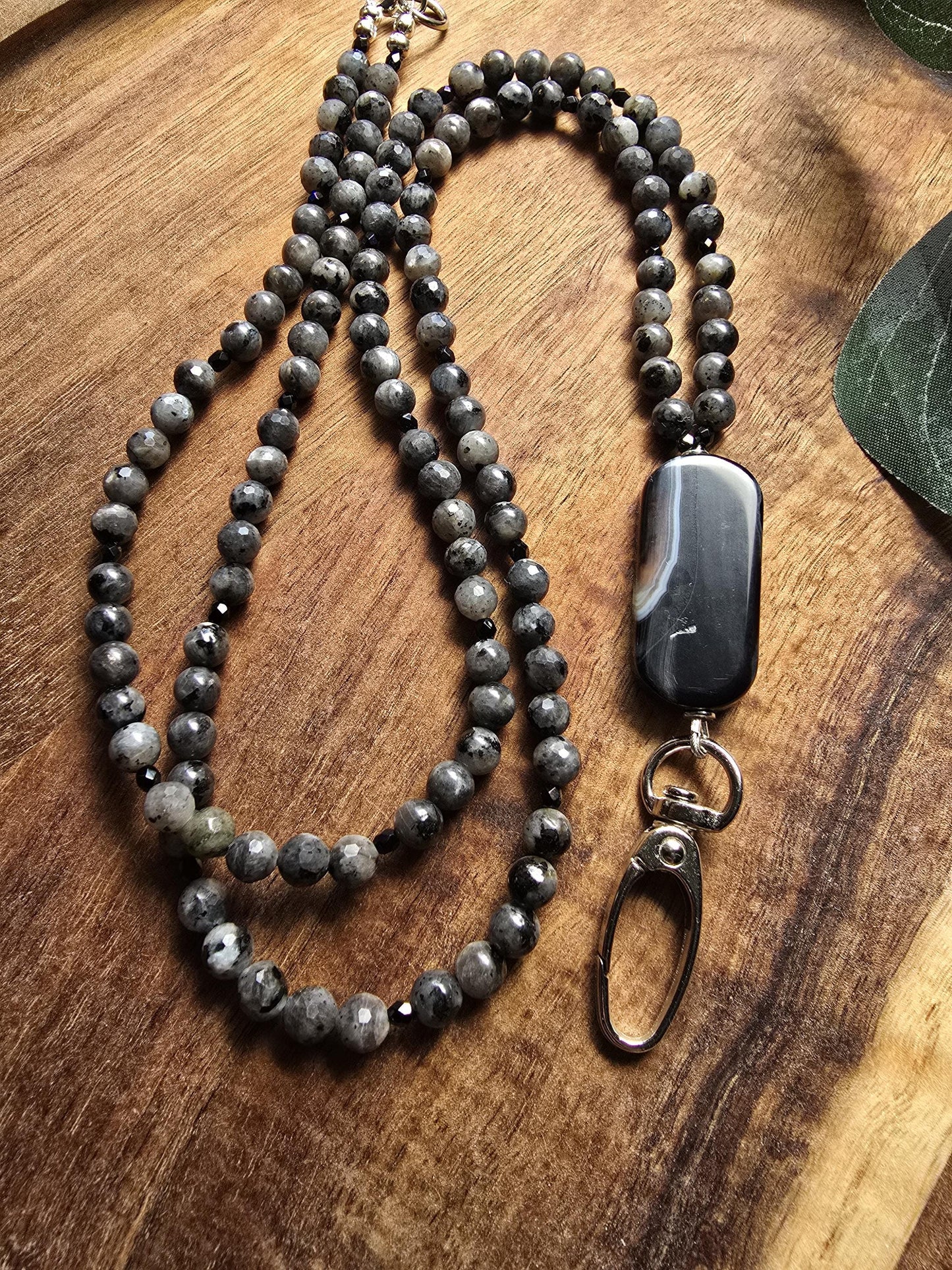 Banded Agate Lanyard | Larvikite Beaded ID Holder | Unique Gemstone Lanyard | Optional Magnetic Breakaway Clasp | Personalized | Handmade