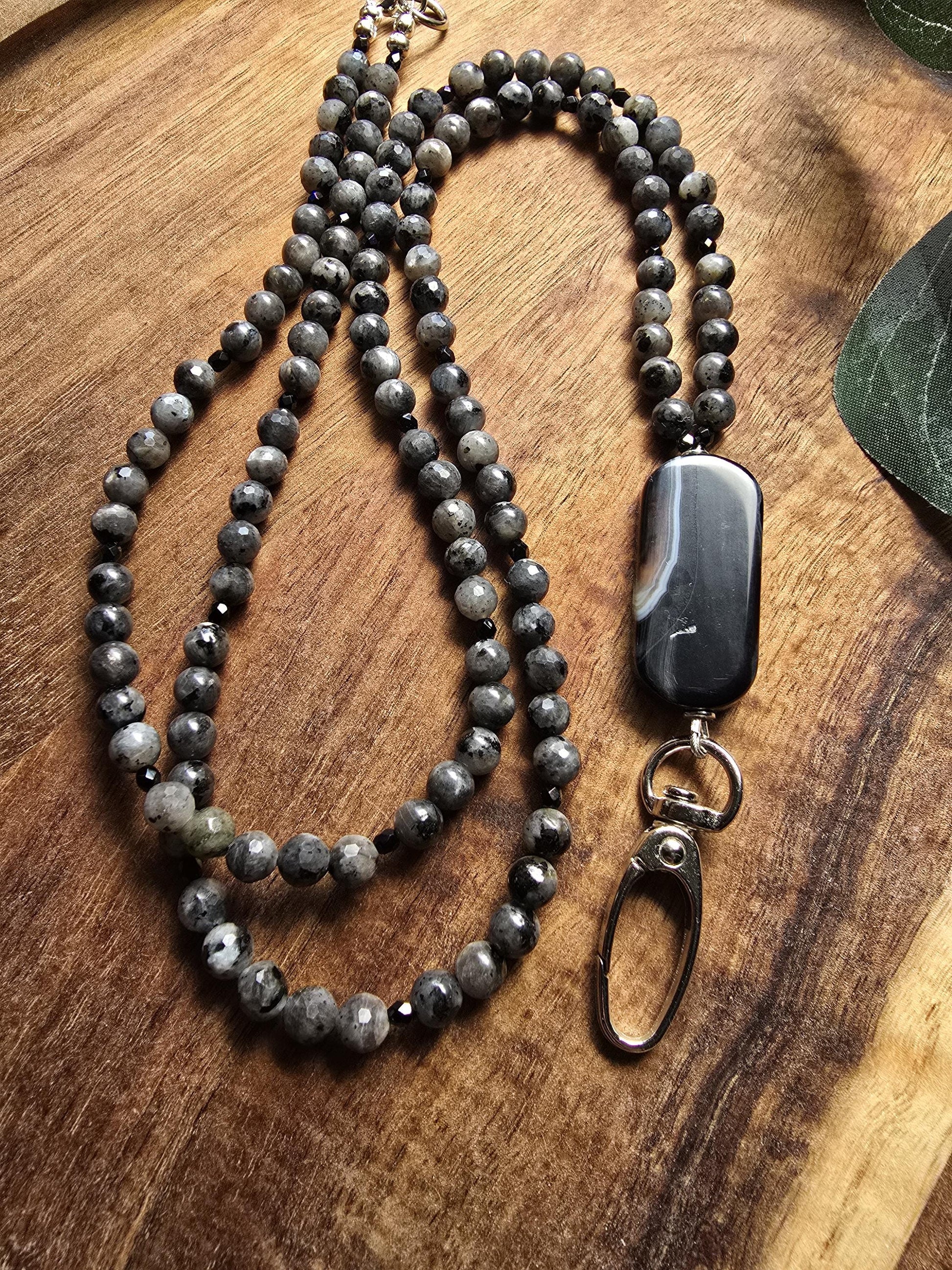 Banded Agate Lanyard | Larvikite Beaded ID Holder | Unique Gemstone Lanyard | Optional Magnetic Breakaway Clasp | Personalized | Handmade