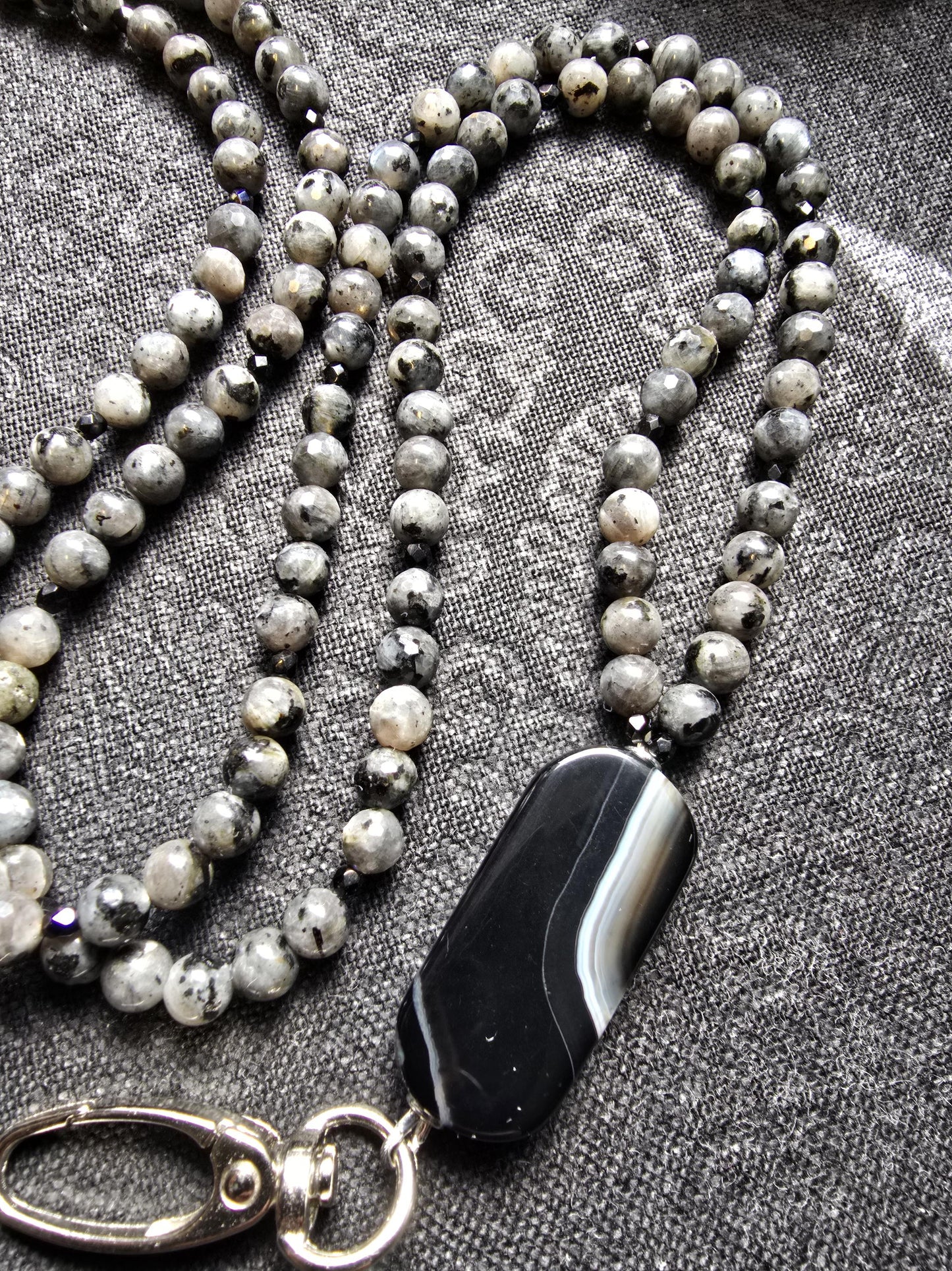 Banded Agate Lanyard | Larvikite Beaded ID Holder | Unique Gemstone Lanyard | Optional Magnetic Breakaway Clasp | Personalized | Handmade