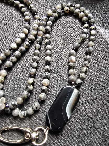 Banded Agate Lanyard | Larvikite Beaded ID Holder | Unique Gemstone Lanyard | Optional Magnetic Breakaway Clasp | Personalized | Handmade