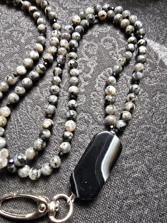 Banded Agate Lanyard | Larvikite Beaded ID Holder | Unique Gemstone Lanyard | Optional Magnetic Breakaway Clasp | Personalized | Handmade