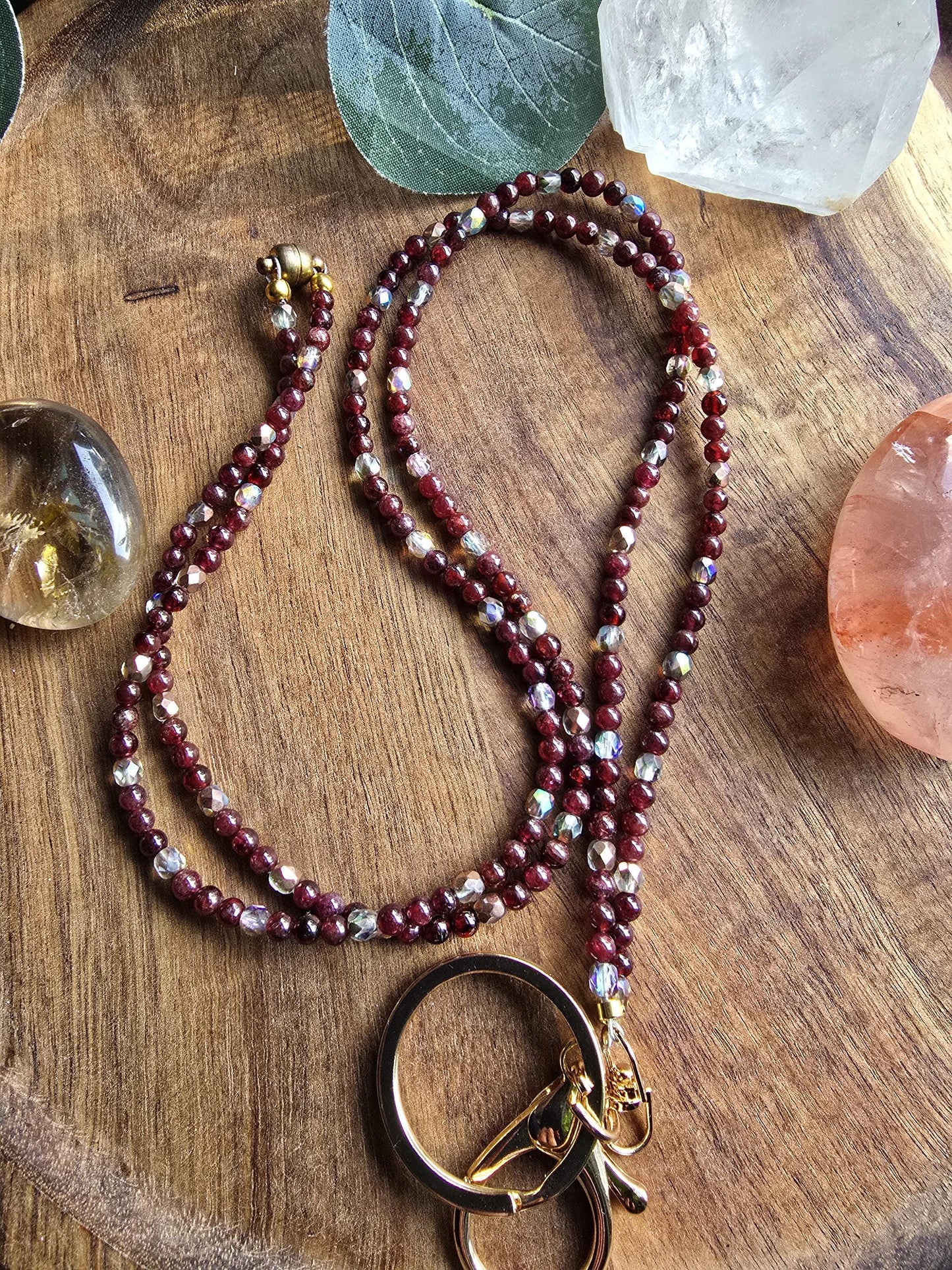 Dainty Garnet Gemstone Lanyard | 4mm Beaded ID Holder | Magnetic Clasp Jewelry Lanyard | Personalized | Handmade