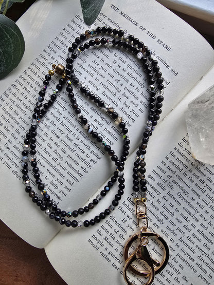 Dainty Black Sardonyx Gemstone Lanyard | 4mm Beaded ID Holder | Magnetic Clasp Jewelry Lanyard | Personalized | Handmade