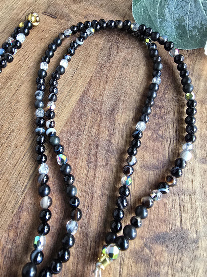 Dainty Black Sardonyx Gemstone Lanyard | 4mm Beaded ID Holder | Magnetic Clasp Jewelry Lanyard | Personalized | Handmade