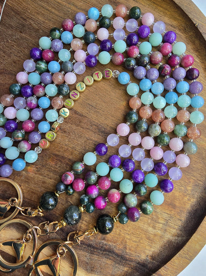 Colorful Personalized Gemstone Lanyard | Custom Name Teacher Lanyard | Colorful Beaded ID Holder | Breakaway Safety Clasp | Handmade