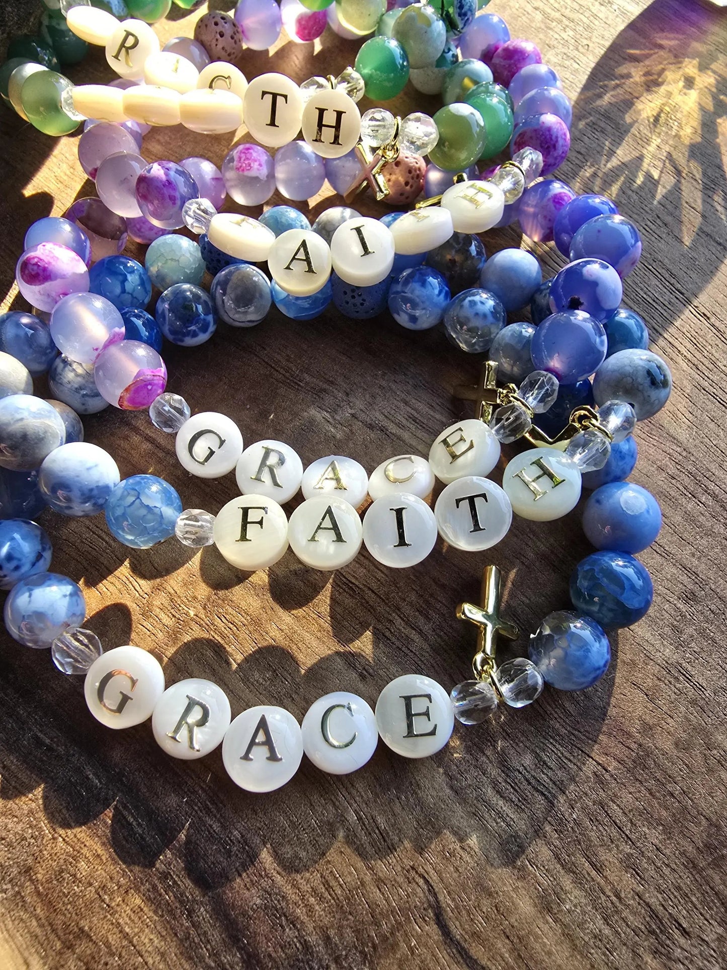 Faith or Grace Cross Charm Bracelet | Handmade | Fire Agate Lava Bead Diffuser | Essential Oil Bracelet