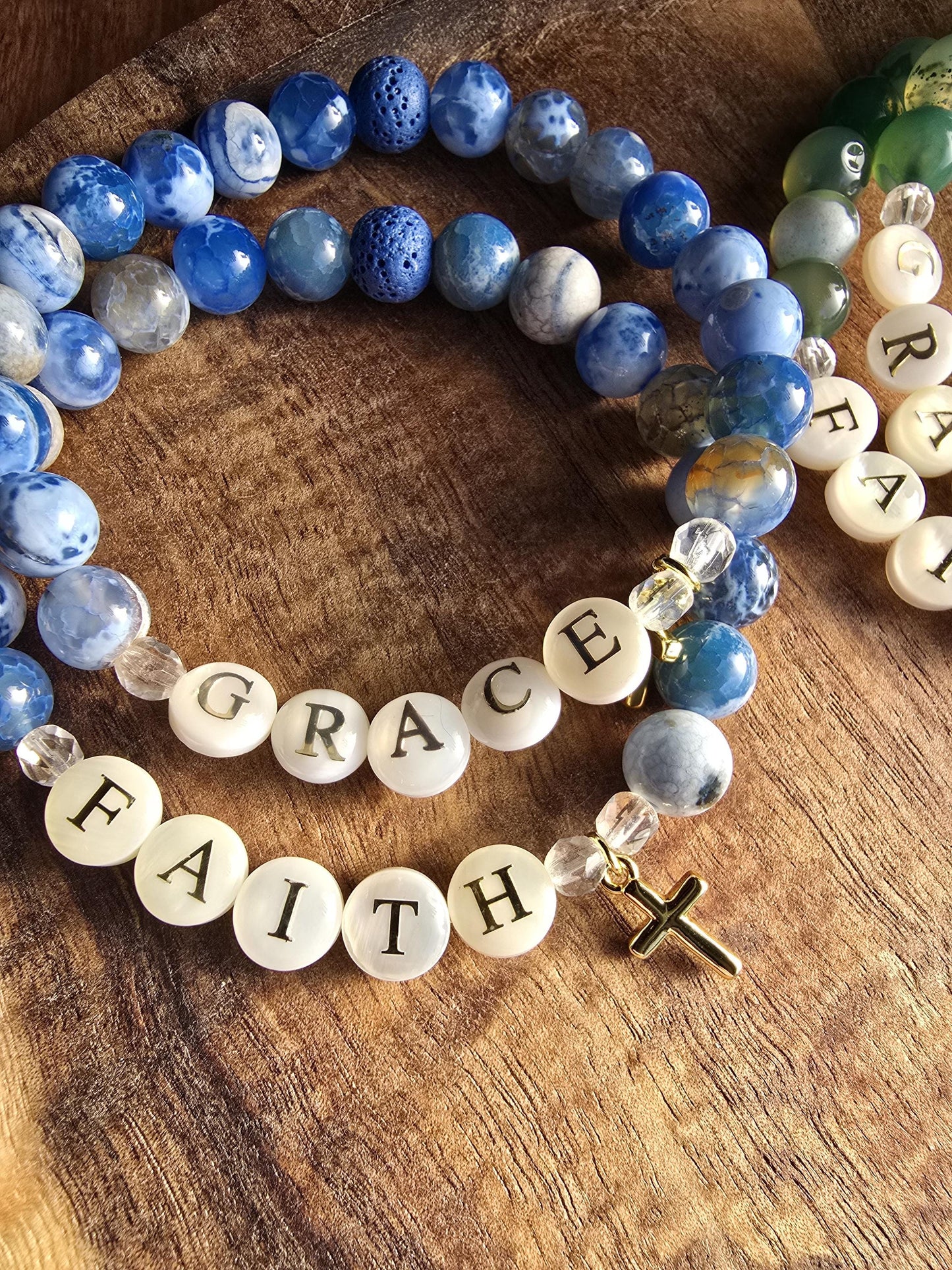Faith or Grace Cross Charm Bracelet | Handmade | Fire Agate Lava Bead Diffuser | Essential Oil Bracelet