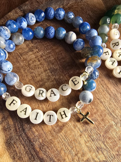 Faith or Grace Cross Charm Bracelet | Handmade | Fire Agate Lava Bead Diffuser | Essential Oil Bracelet