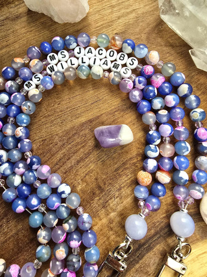 Colorful Personalized Gemstone Lanyard | Custom Name Teacher Lanyard | Colorful Beaded ID Holder | Breakaway Safety Clasp | Handmade