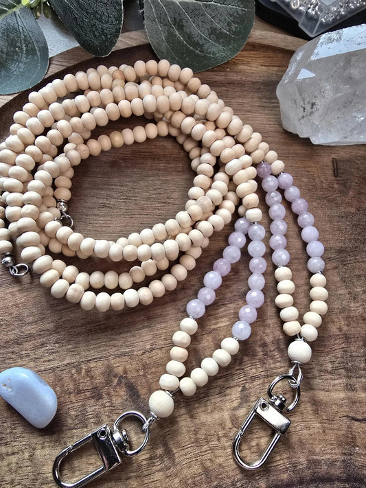 Kunzite Lanyard | Scorpio, Taurus, Leo | Handmade Wood Bead Lanyard | Essential Oil Diffuser Lanyard | Lightweight Beaded ID Holder