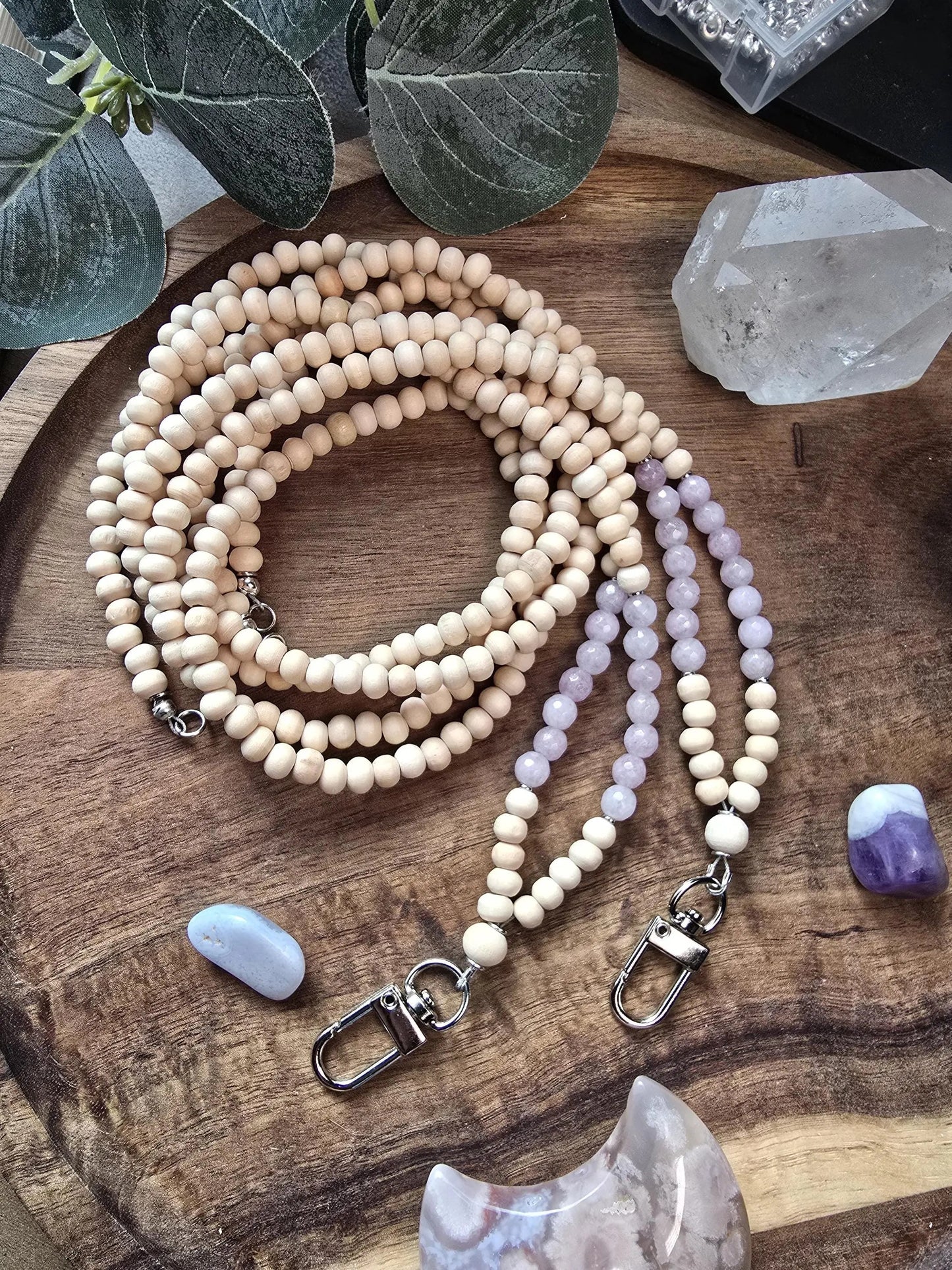Kunzite Lanyard | Scorpio, Taurus, Leo | Handmade Wood Bead Lanyard | Essential Oil Diffuser Lanyard | Lightweight Beaded ID Holder