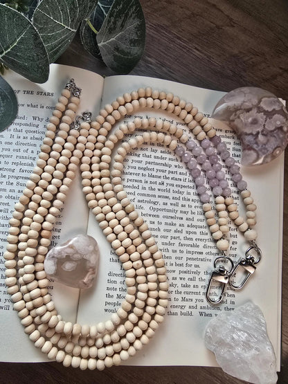 Kunzite Lanyard | Scorpio, Taurus, Leo | Handmade Wood Bead Lanyard | Essential Oil Diffuser Lanyard | Lightweight Beaded ID Holder