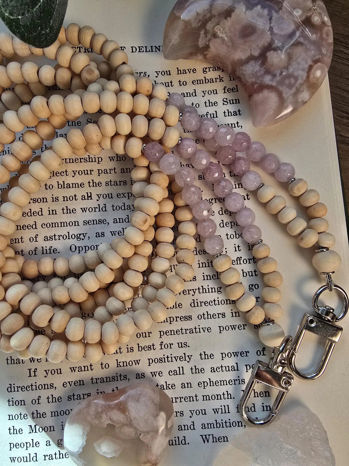 Kunzite Lanyard | Scorpio, Taurus, Leo | Handmade Wood Bead Lanyard | Essential Oil Diffuser Lanyard | Lightweight Beaded ID Holder