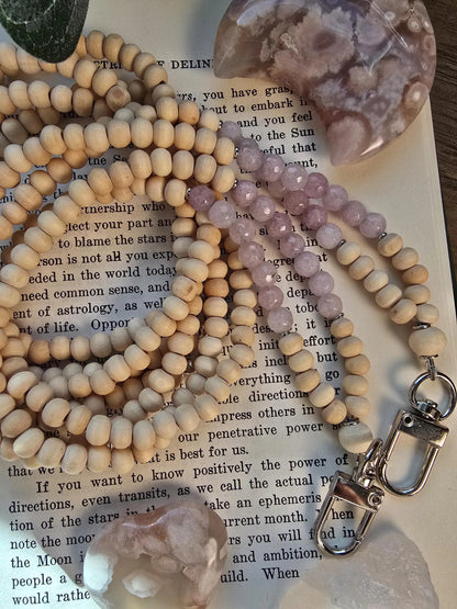 Kunzite Lanyard | Scorpio, Taurus, Leo | Handmade Wood Bead Lanyard | Essential Oil Diffuser Lanyard | Lightweight Beaded ID Holder