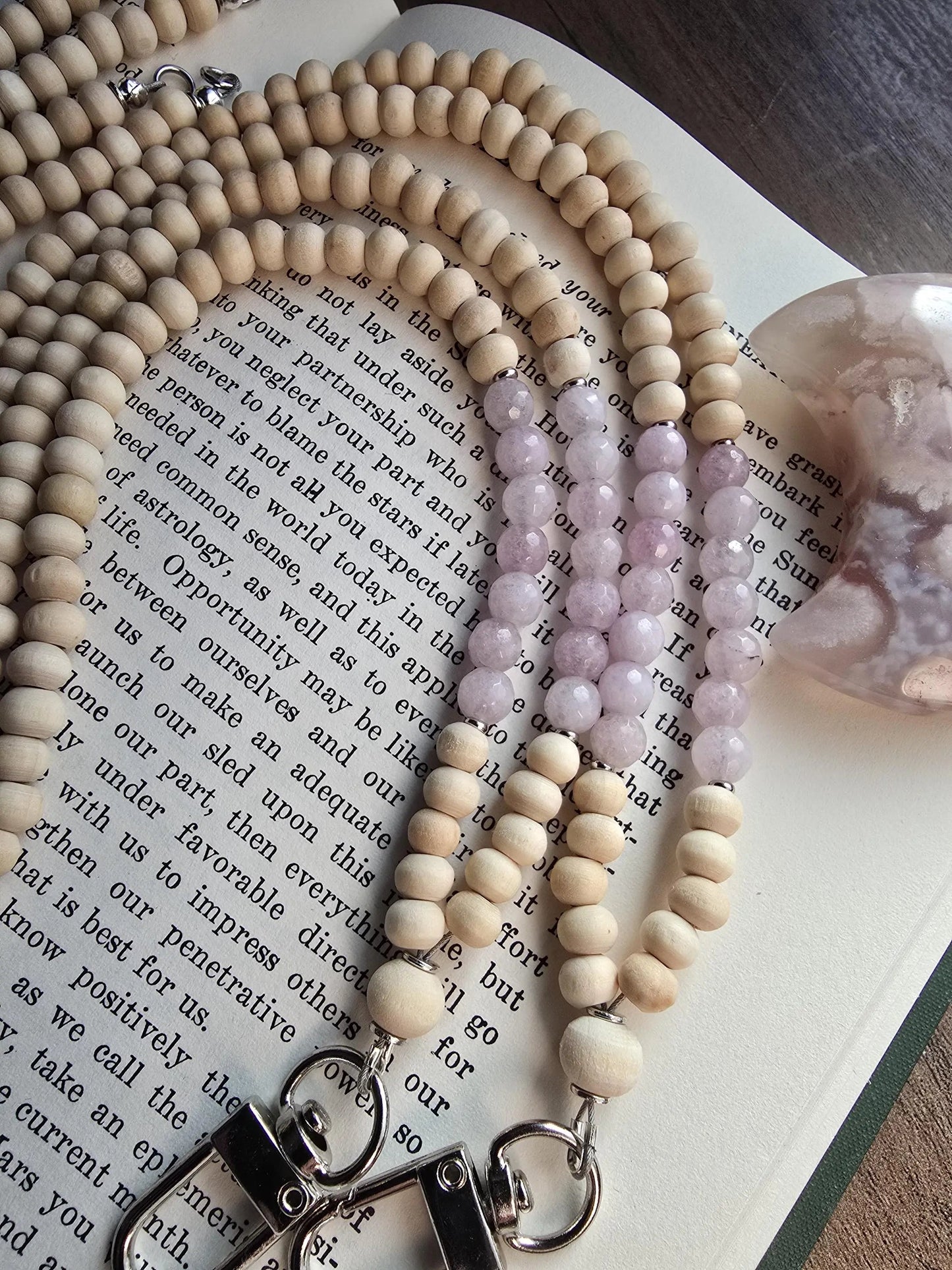 Kunzite Lanyard | Scorpio, Taurus, Leo | Handmade Wood Bead Lanyard | Essential Oil Diffuser Lanyard | Lightweight Beaded ID Holder