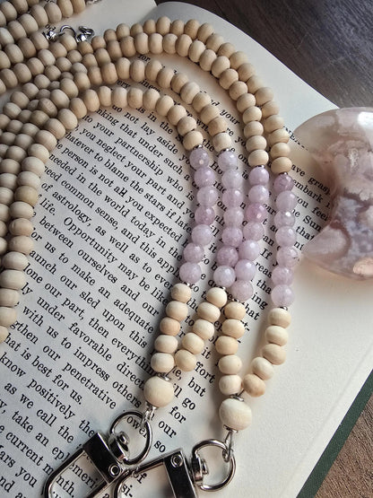 Kunzite Lanyard | Scorpio, Taurus, Leo | Handmade Wood Bead Lanyard | Essential Oil Diffuser Lanyard | Lightweight Beaded ID Holder