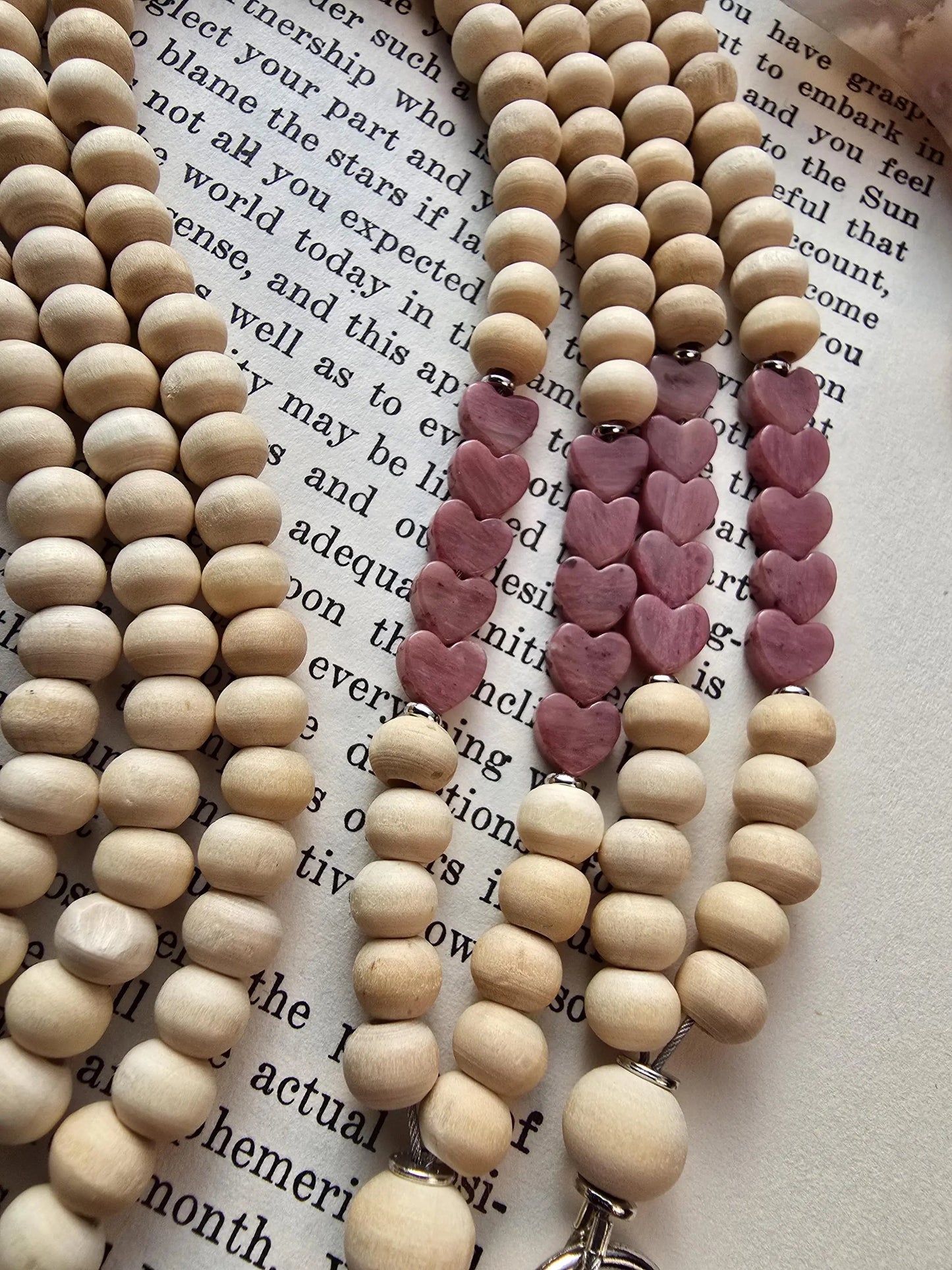 Rhodonite Heart Lanyard | Taurus | Handmade Wood Bead Lanyard | Essential Oil Diffuser Lanyard | Lightweight Beaded ID Holder