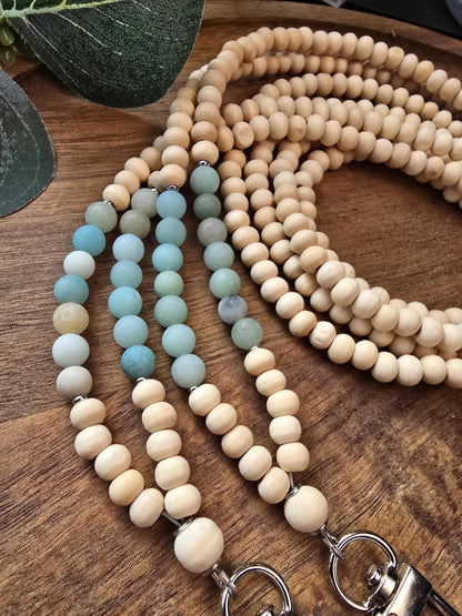 Matte Amazonite Lanyard | Virgo | Handmade | Wood Bead Lanyard | Essential Oil Diffuser Lanyard | Lightweight Beaded ID Holder