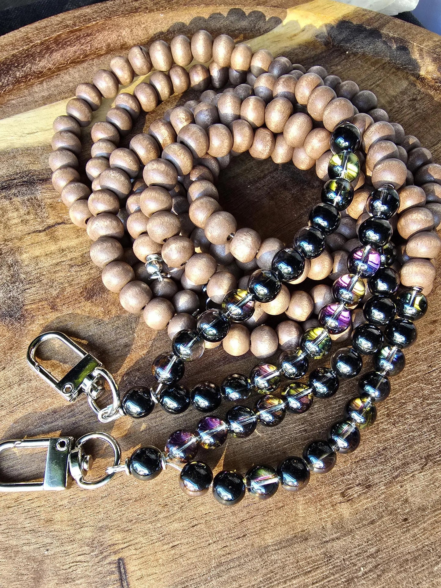 Mystic Smoky Quartz Lanyard | Handmade | Dark Wood Minimalist ID holder | Breakaway Clasp Option