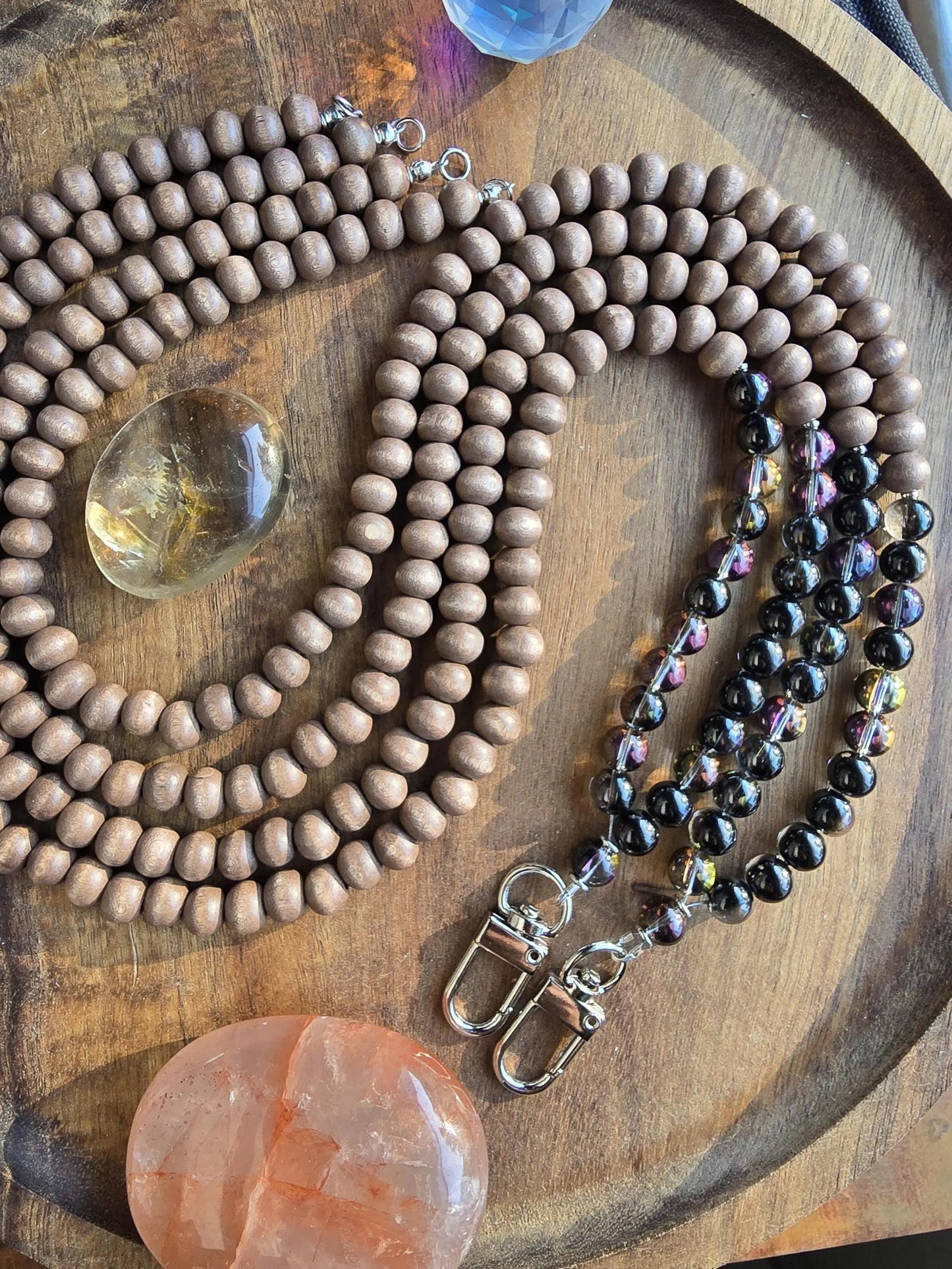 Mystic Smoky Quartz Lanyard | Handmade | Dark Wood Minimalist ID holder | Breakaway Clasp Option