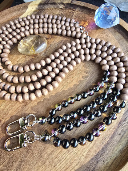 Mystic Smoky Quartz Lanyard | Handmade | Dark Wood Minimalist ID holder | Breakaway Clasp Option