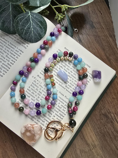 Colorful Personalized Gemstone Lanyard | Custom Name Teacher Lanyard | Colorful Beaded ID Holder | Breakaway Safety Clasp | Handmade