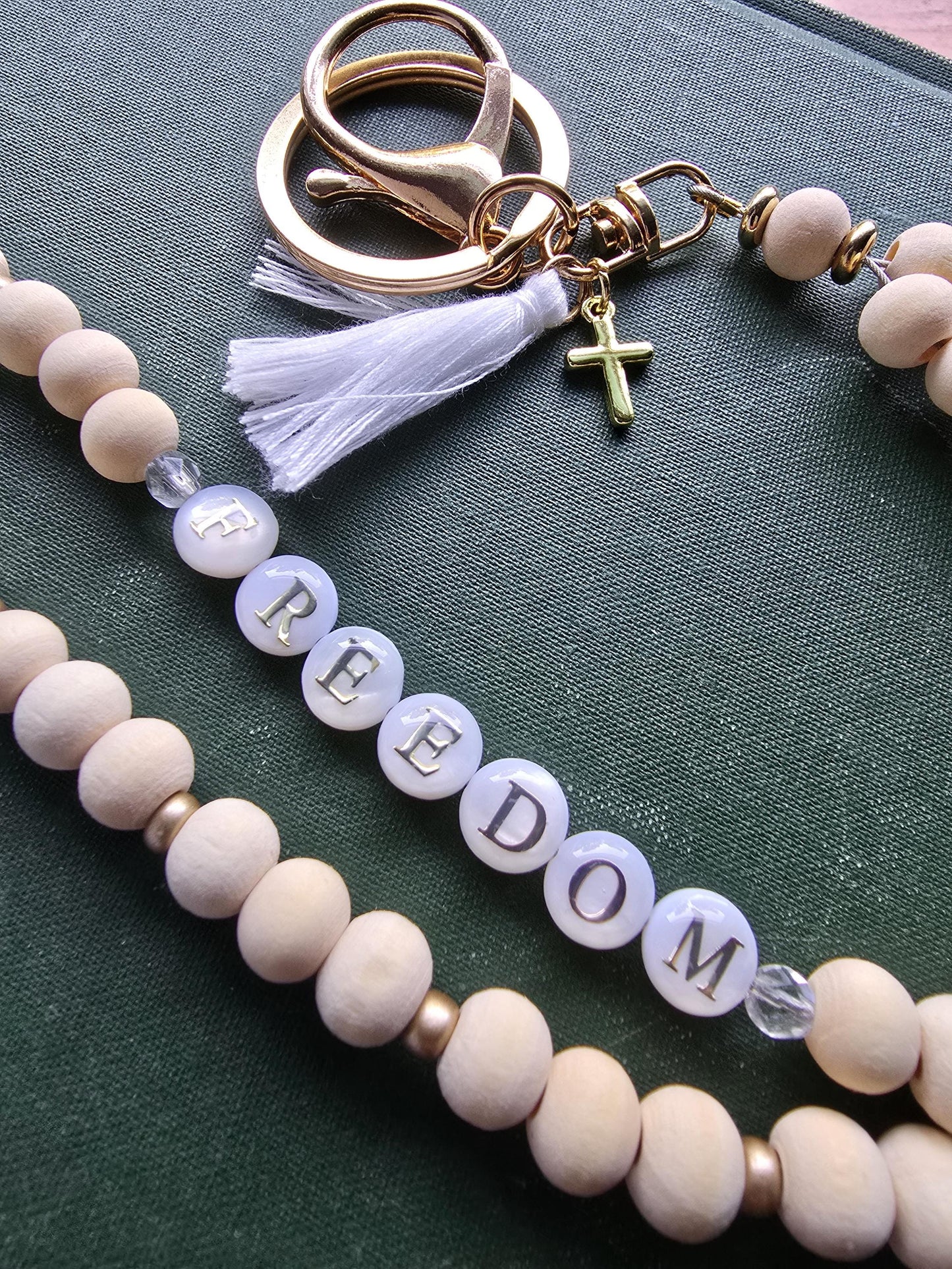 Charlie Kirk Freedom Lanyard | Patriotic Wood Bead Lanyard | Neutral and Subtle Support Jewelry | Cross Charm | Handmade