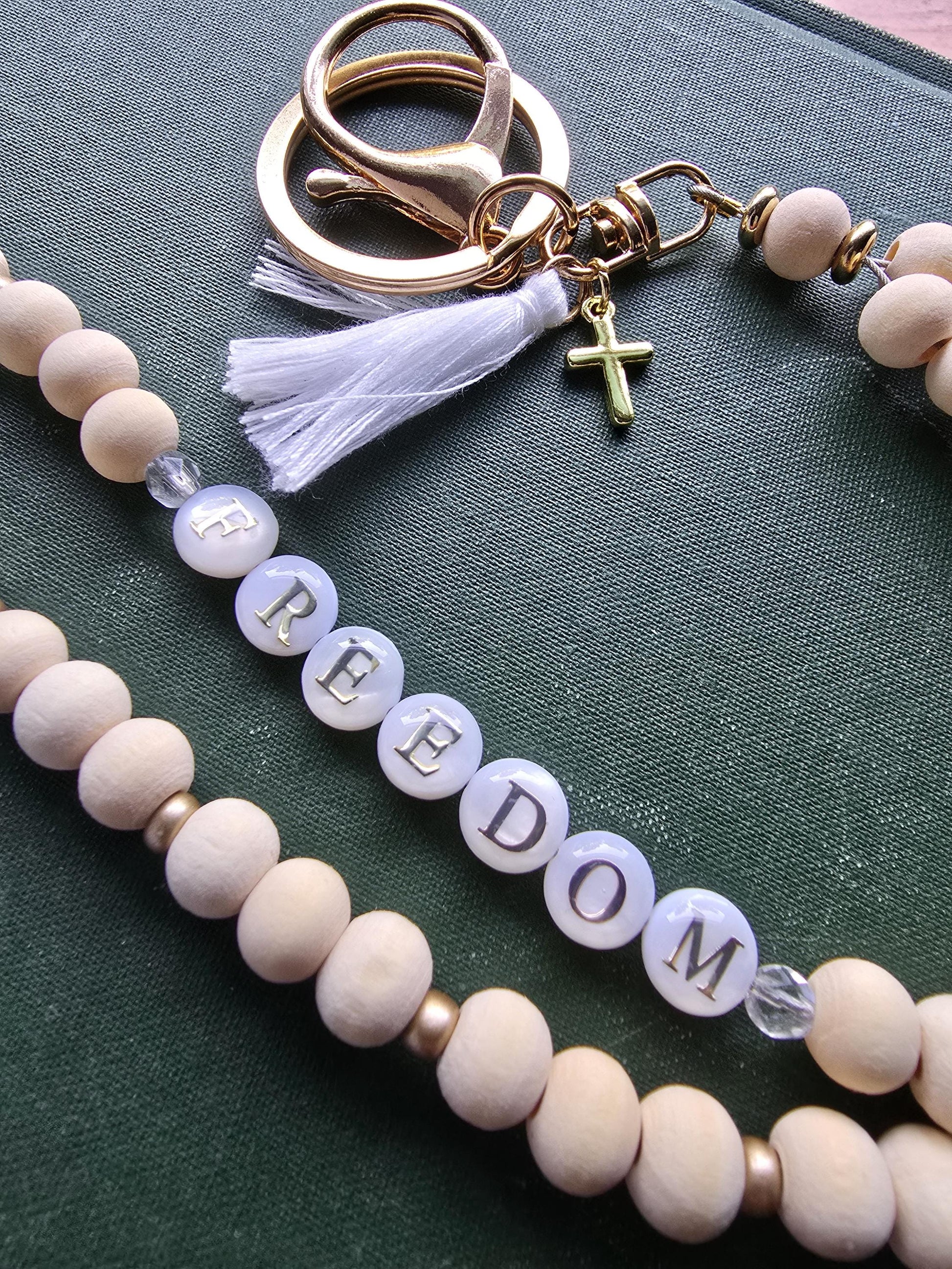 Charlie Kirk Freedom Lanyard | Patriotic Wood Bead Lanyard | Neutral and Subtle Support Jewelry | Cross Charm | Handmade