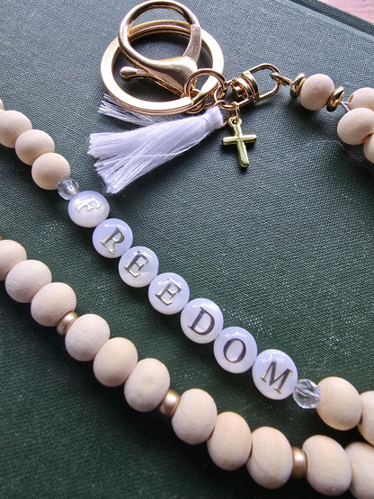 Charlie Kirk Freedom Lanyard | Patriotic Wood Bead Lanyard | Neutral and Subtle Support Jewelry | Cross Charm | Handmade